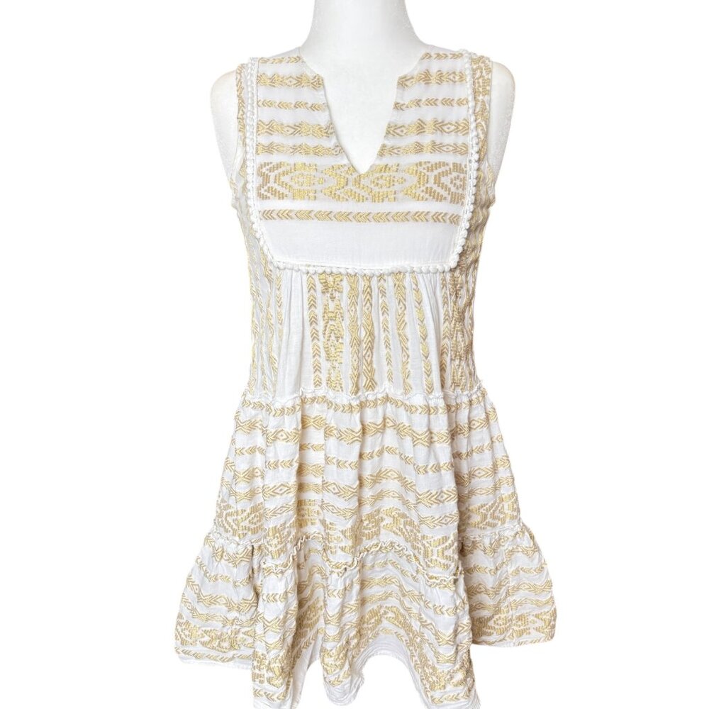 Made in Greece Embroidered Cotton Boho Dress White Gold Sleeveless S Resortwear